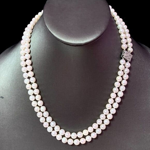Diamond Akoya Pearl 2-Strand Necklace 17" 18k Gold 6.5mm Certified $8,750 120675 - Picture 6 of 11